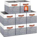 Fab totes Collapsible Storage Baskets for Shelves,14"x10", 8 Pack Foldable Fabric Storage Bins with Double Leather Handles, L