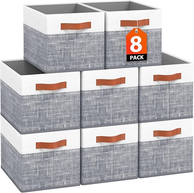Fab totes Collapsible Storage Baskets for Shelves,14"x10", 8 Pack Foldable Fabric Storage Bins with Double Leather Handles, L