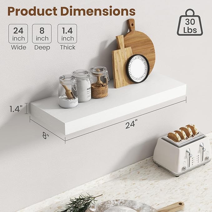 24 Inch Floating Shelves for Wall, 8 Inch Deep Floating Shelf for Storage & Display, Rustic Wall Mounted Shelf with Invisible