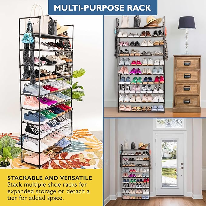 Sundaze Shoe Rack - 10 Tier Shoe Rack for Front Door Entrance, Sturdy Tall Shoe Organizer for Closet, Bedroom, Entryway, Gara