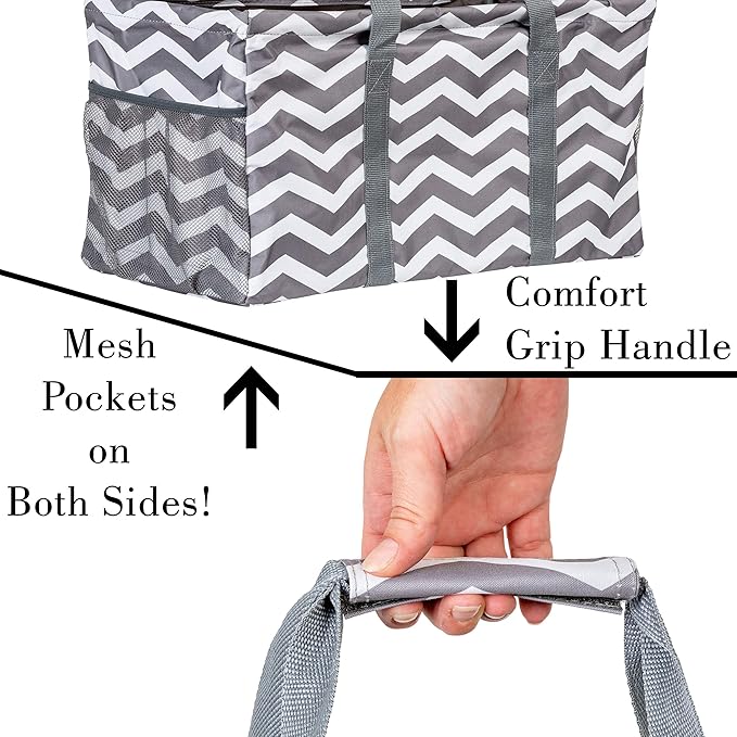 Extra Large Utility Tote Bag - Oversized Collapsible Reusable Wire Frame Rectangular Canvas Basket With Two Exterior Pockets For Beach, Pool, Laundry, Car Trunk, Storage - Chevron Gray