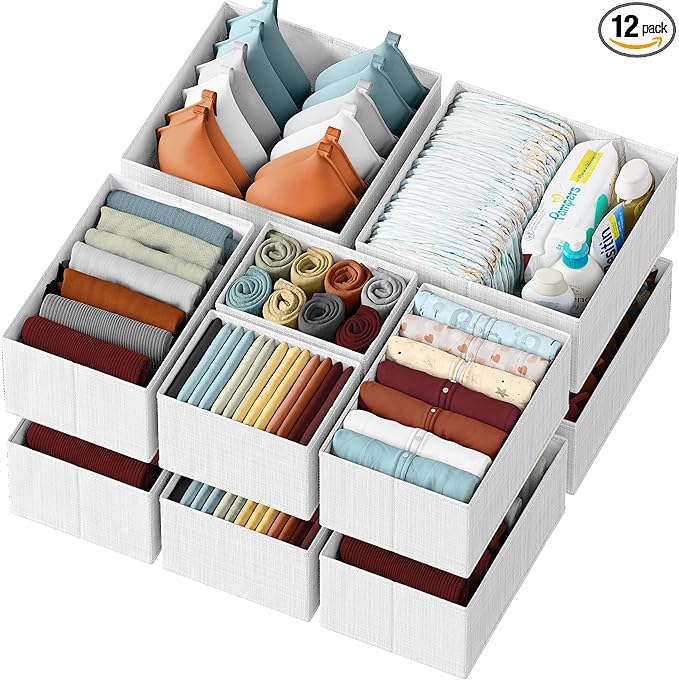 Drawer Organizer Clothes Set of 12 White-Grey - Dresser Organizer For Nursery, Bedroom, Closet - Perfect Baby Clothes Organiz