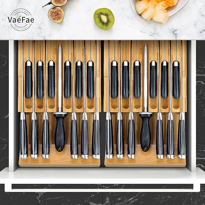 VaeFae Adjustable Bamboo Drawer Dividers and Bamboo Knife Drawer Organizer Bundle
