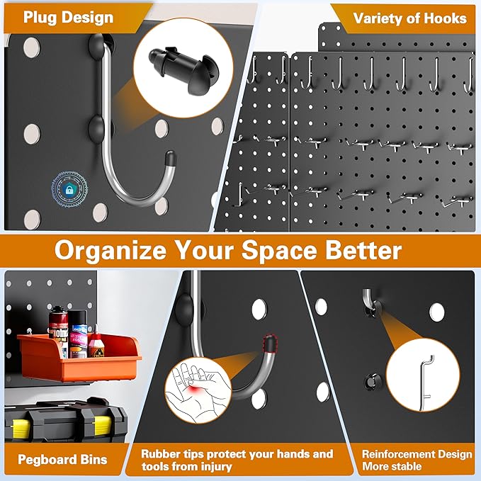 Peg Board, 112PCS Heavy Duty Metal Pegboard with Hooks, 6 Pack Black Peg Board Panels, 60lbs Load Capacity Each, Pegboard Wal