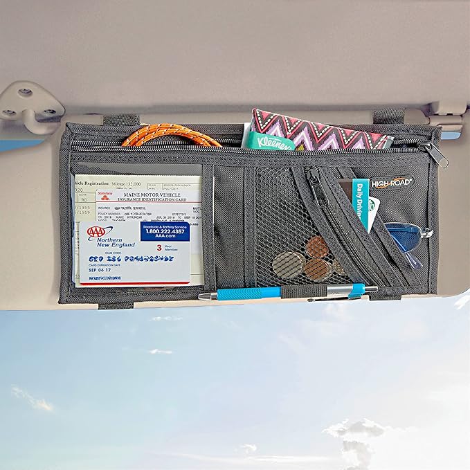 High Road Car Visor Organizer with Secure Zip Pockets, Sunglasses Holder and Clear Registration and Insurance Pocket - Heavy Duty Straps Fit Most Car, SUV and Truck Visors