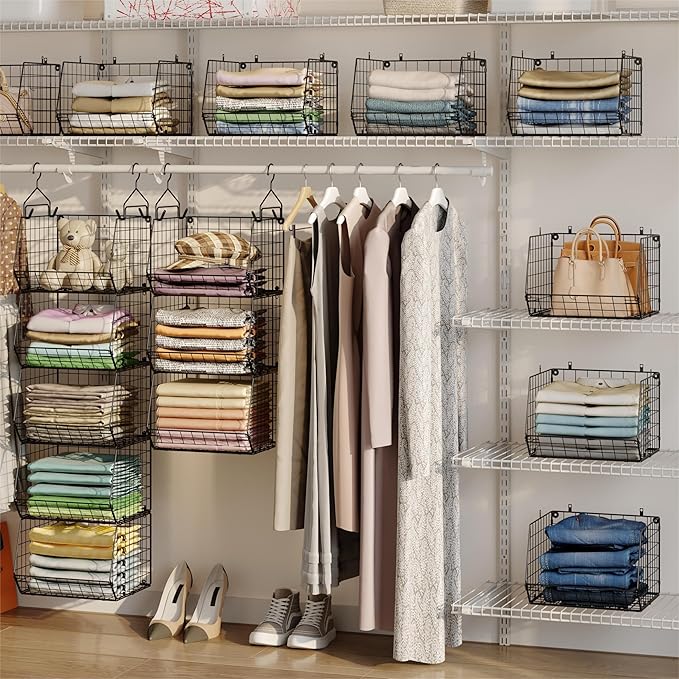 5 Tier Closet Hanging Organizer, Clothes Hanging Shelves with 4 Hanging Hooks 5 S Hooks, Wire Storage Basket Bins, for Clothi