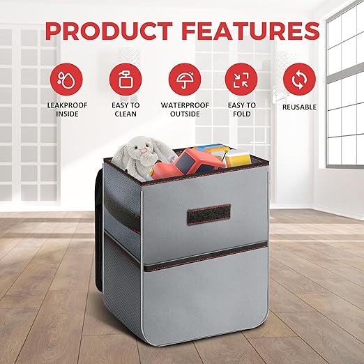 YSSOA Car Trash Can with Lid, Leak-Proof Organizer and Storage Bag, Adjustable and Portable Car Accessory Interior, Collapsible Multipurpose Car Garbage Bag, 2 Gallon, Grey