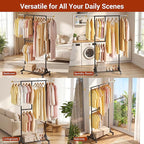 Rolling Clothing Rack with Bottom Storage Shelf & lockable Casters, Multi-tier Retractable Sturdy Garment Rack for Hanging Co