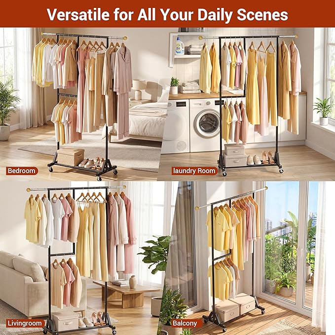 Rolling Clothing Rack with Bottom Storage Shelf & lockable Casters, Multi-tier Retractable Sturdy Garment Rack for Hanging Co