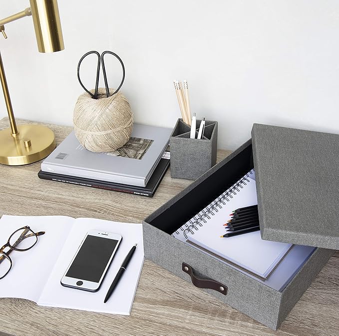Bigso Oskar Canvas Fiberboard Document Letter Box - File Organizer Box for Important Paperwork - Document Storage with a Lid 