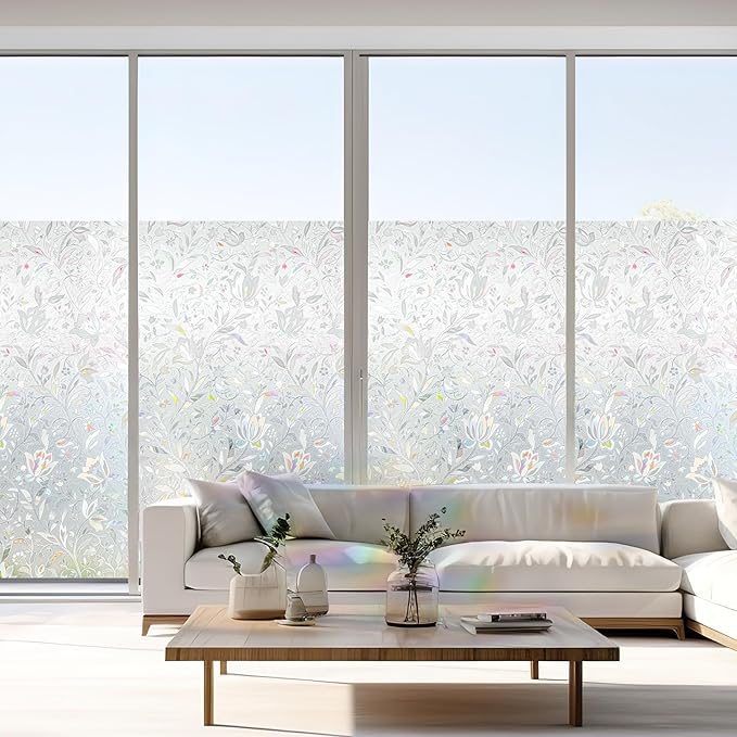 Rainbow Tulip Stained Frosted Glass Window Sticker - Static Non-Adhesive, No-Glue Window Cling (23.6'' x 78.7'')