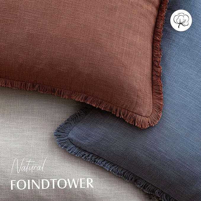 Foindtower Set of 2 Decorative Linen Fringe Throw Pillow Covers Boho Farmhouse Cushion Cover with Tassels Soft Accent Pillowc