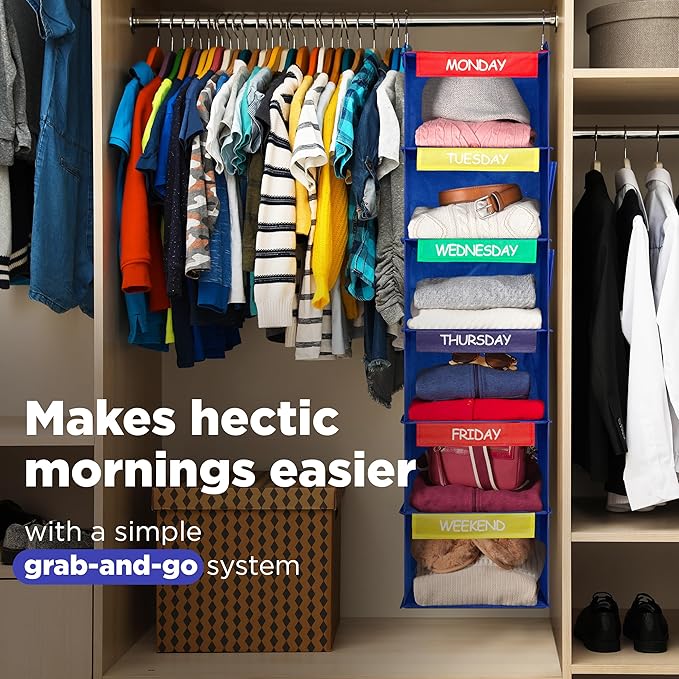Handy Laundry Hanging Clothes Organizer for Kids - 6-Shelf Closet Daily Clothing Organization Labeled Shelves with Days of Th