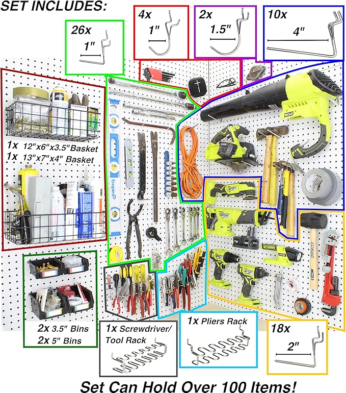 Peg Board Hooks for Hanging Tools with Bins and Baskets – Tool Organization Accessories Kit – Organizer Set of 1 inch, 2 inch