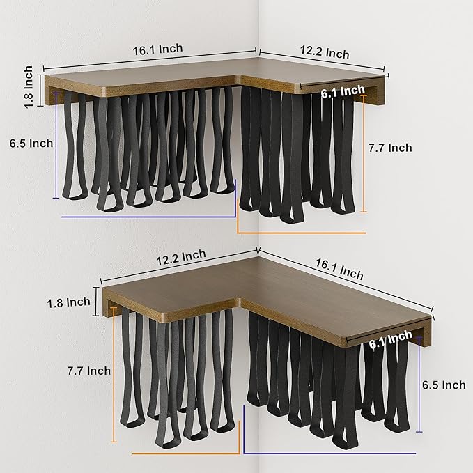 Floating Bookshelves for Wall Set of 2 - Corner Floating Shelves for Books, Rubberwood Wall Mount Bookshelf, Unique Wall Book