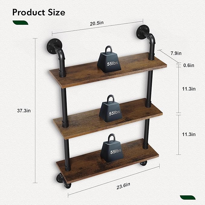 Merapi 24" Industrial Floating Shelves, Pipe Shelves for Wall, 3 Tier Rustic Wood Wall Shelves for Home Décor, Bedroom, Livin