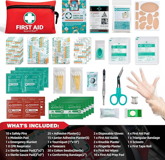 General Medi Mini First Aid Kit, 110 Piece Small First Aid Kit - Includes Emergency Foil Blanket, Scissors for Travel, Home, 
