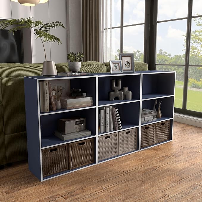 Homes: Inside + Out Apexa 3-Tier Cube Storage Organizer Shelves, Stackable Wood Bookcase Fits Cubby Bins for Organization, Do