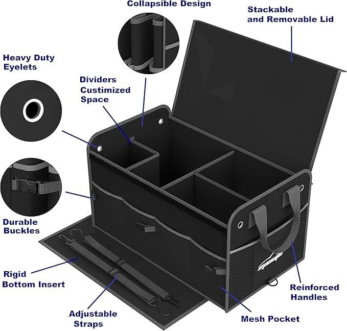 EPAuto Car Trunk Organizer with Adjustable Multi Compartment, Removal Lid and Securing Straps, Black