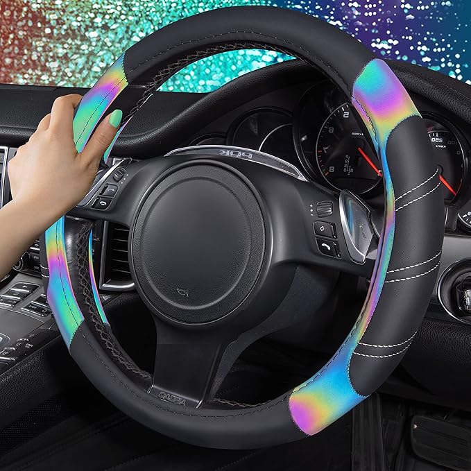 CAR PASS Line Rider Microfiber Leather Sporty 14.5-15 inch Steering Wheel Cover Universal Fits for 95% Truck,SUV,Cars, Anti-S