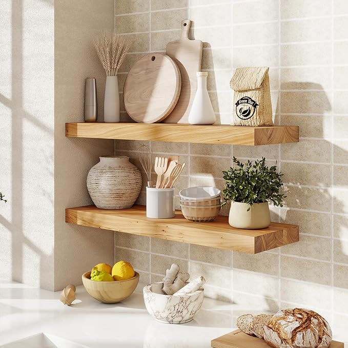 fuqing Floating Shelves for Wall, 24 inch Rustic Solid Elm Wood Floating Shelves, Wooden Wall Shelves with Invisible Heavy Du