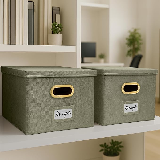 ZICOTO Decorative File Organizer Box Set of 2 - Collapsible Linen Filing Cabinets w/Handles Are Perfect to Store all Your Doc
