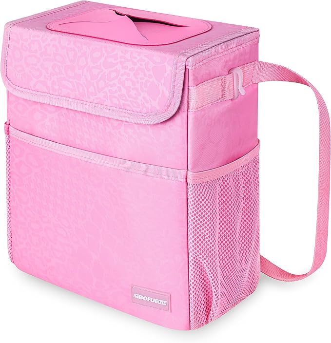Car Trash Can Cute - Multifunctional Interior Car Accessory for Women, Car Organizer and Storage with Adjustable Straps, Car Stuff Storage 2 Gallons (Leopard-Print Pink)