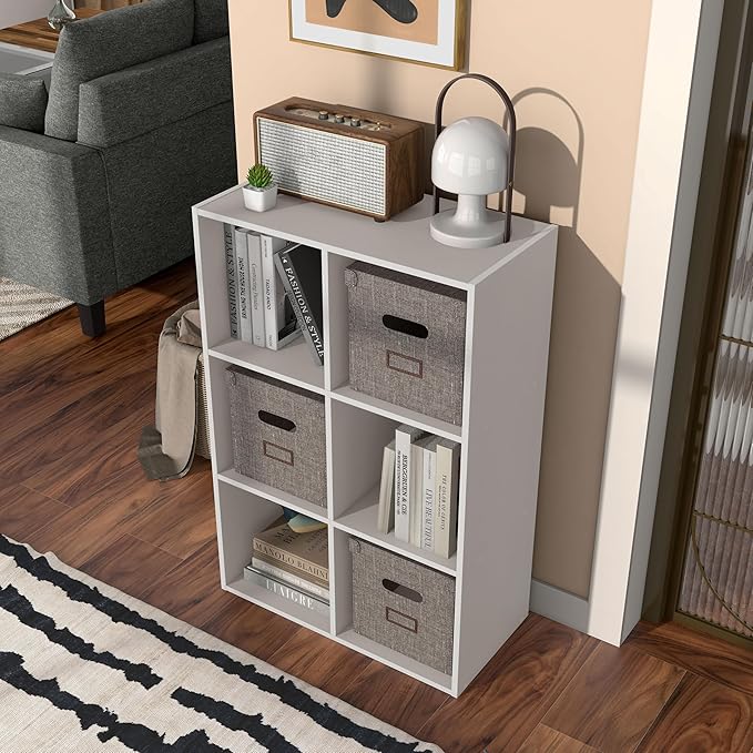 Homes: Inside + Out Apexa 6-Cube Storage Organizer Shelves, Stackable Wood Bookcase Fits Cubby Bins for Organization, Dorm Te