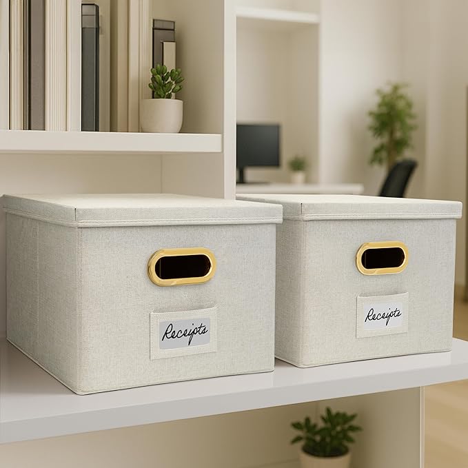 ZICOTO Decorative File Organizer Box Set of 2 - Collapsible Linen Filing Cabinets w/Handles Are Perfect to Store all Your Doc