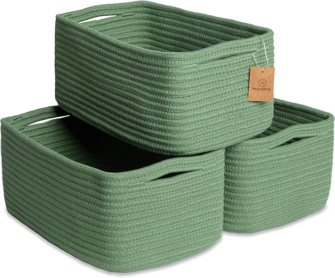 NaturalCozy 13.5”x8.5”x5.5” Rectangle Storage Baskets for Shelves 3 Pack | Cotton Rope Woven Small Baskets for Organizing | S