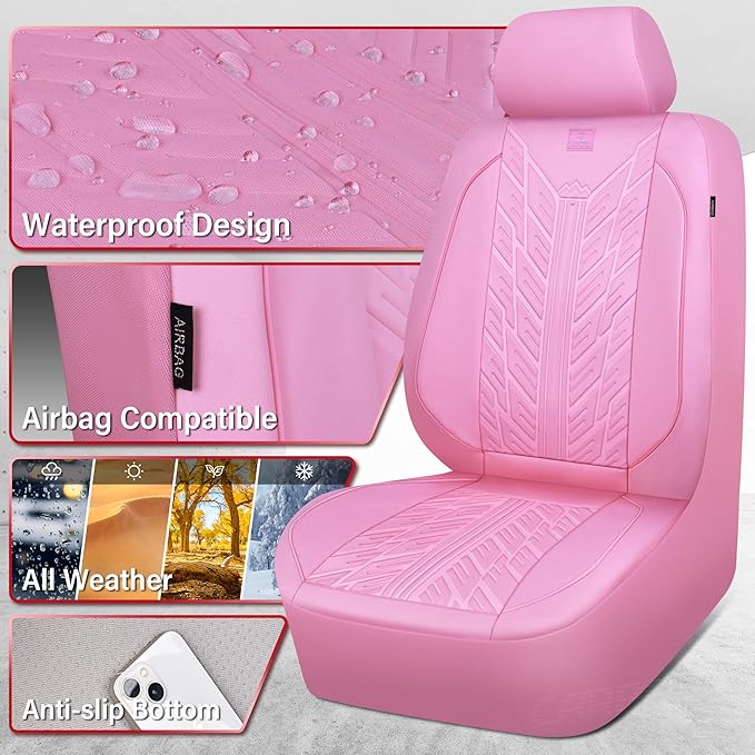 CAR PASS Waterproof Car Seat Covers Full Set,Neoprene Car Seat Covers 5 Seats,3D Tyre Embossed Pink Seat Covers All-Weather N