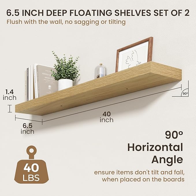 40 Inch Floating Shelves | 6.5 Inch Deep Oak Floating Shelves Set of 2 | 40" W x 6.5" D Rustic Oak Shelves with Invisible Bra