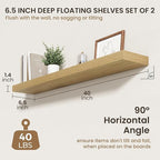 40 Inch Floating Shelves | 6.5 Inch Deep Oak Floating Shelves Set of 2 | 40" W x 6.5" D Rustic Oak Shelves with Invisible Bra