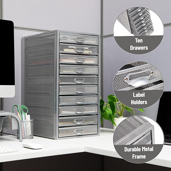 Mind Reader 10-Drawer Desk Organizer for Office Supplies, Crafts, Mail Sorting & More, Metal Mesh, 10.75"L x 14"W x 21.25"H, 