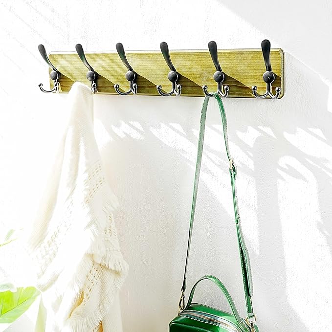 Dseap Coat Rack Wall Mounted - 24" Long 6 Tri Hooks, Heavy Duty Wooden Wall Coat Hanger Coat Hook for Clothes Hat Jacket Clot