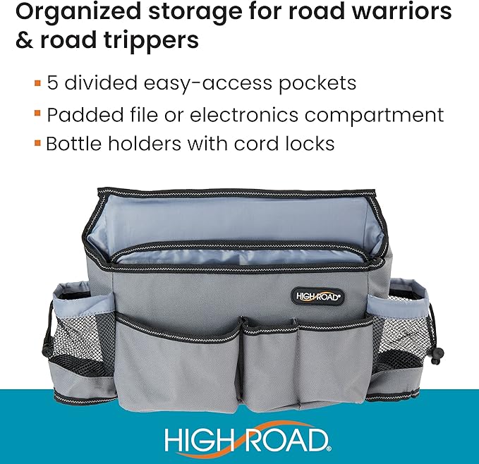 High Road SwingAway Front Seat Car Organizer for Daily Driving Essentials with Side Bottle and Cup Holders