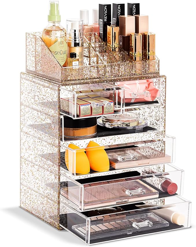 Sorbus Acrylic Makeup Organizer Set, 6-Drawer Vanity & Countertop Cosmetic Storage with Small & Wide Compartments, Glitter Ma