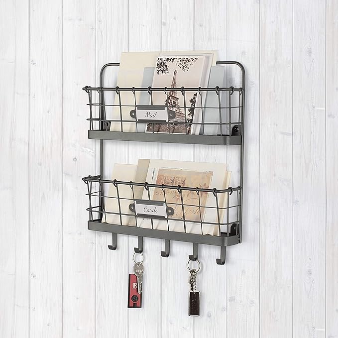 Spectrum Mail and Key Organizer for Wall, Vintage 2-Tier Mail Holder for Wall with 5 Key Hooks, Farmhouse Entryway Key and Ma