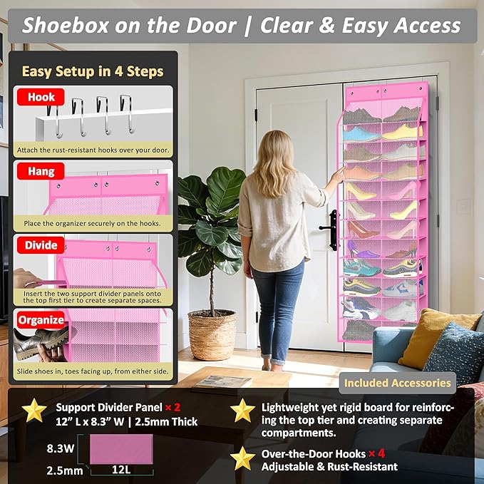 Kotkn 24-Pair Over Door Shoe Organizer for Family & Kids, Double Sided | Hanging Storage for Sneakers, Boots, Toys & Room Org