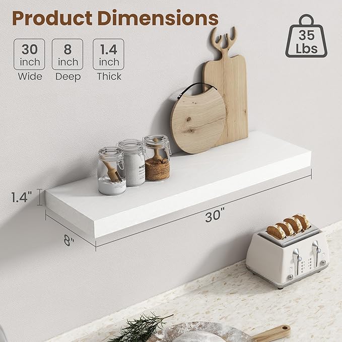 30 Inch Floating Shelves for Wall, 8 Inch Deep Floating Shelf for Storage & Display, Rustic Wall Mounted Shelf with Invisible