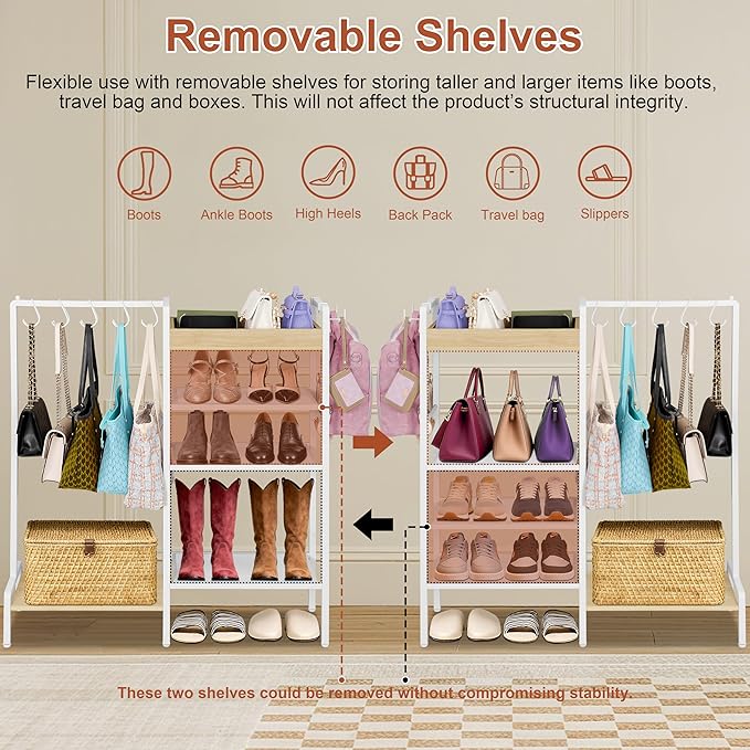 2-in-1 Shoe Rack for Closet with Purse Organizer, 5 Tier Shoes Shelf with Wooden Tray and Removable Shelves, Storage Organize