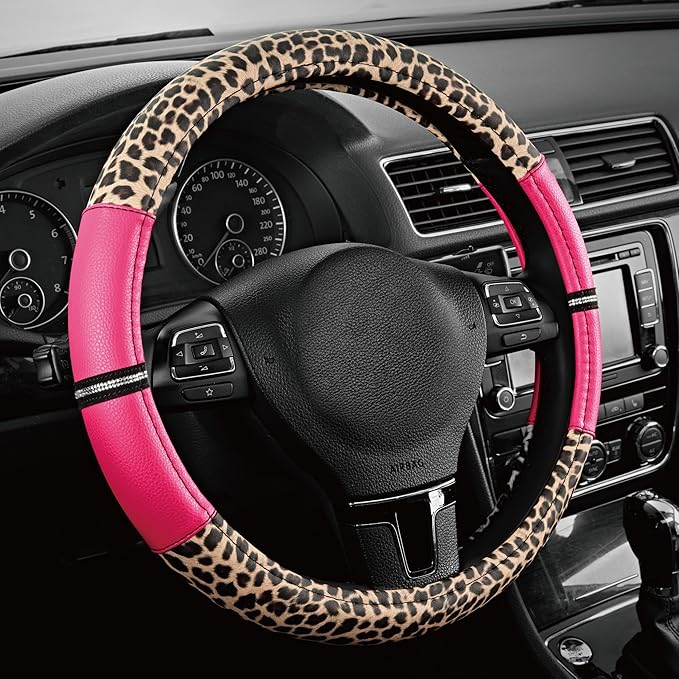 Road Comforts Leopard Steering Wheel Cover for Women, Cute Anti-Slip Microfiber Leather, Universal Fit 14.5-15 Inch Round Ste