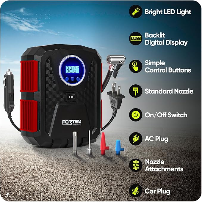 FORTEM Tire Inflator Portable Air Compressor, Air Pump for Car Tires and Bikes, Car Tire Pump w/Auto Shut Off, 150 PSI, 110V AC 12V DC, LED Light, Carrying Case, for Men, Women