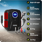 FORTEM Tire Inflator Portable Air Compressor, Air Pump for Car Tires and Bikes, Car Tire Pump w/Auto Shut Off, 150 PSI, 110V AC 12V DC, LED Light, Carrying Case, for Men, Women