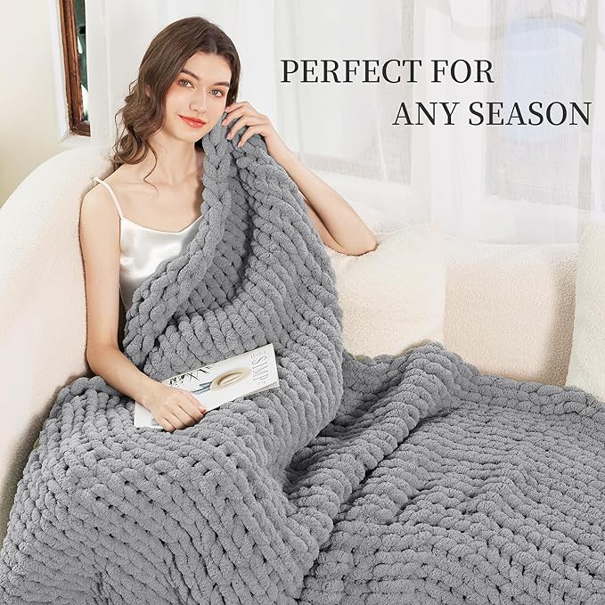 Admitrack Chunky Knit Blanket Throw, 100% Hand Knit Chenille Throw Blanket for Sofa & Home Decor, Soft and Cozy Knitted Throw