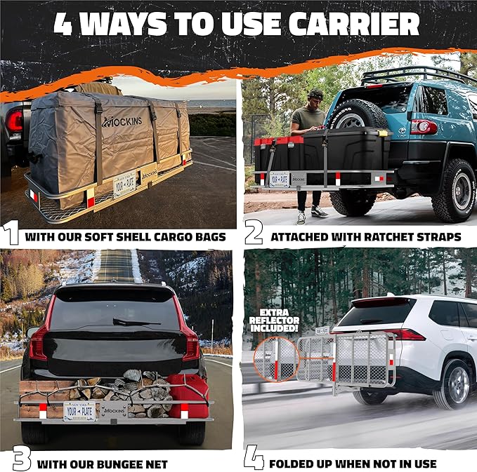 Mockins 60"x20"x6" Gray Heavy Duty Trailer Hitch Cargo Carrier & 16 CuFt Waterproof Cargo Bag for Hitch Carrier | 500 Lbs. Capacity Folding Luggage Rack for SUV Car Truck Van & RV w/Cargo Accessories