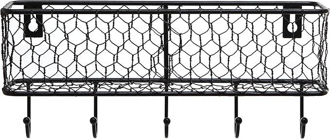 MyGift Wall Mounted Metal Entryway Mail Holder and Key Organizer Rack with 5 Hooks, Decorative Storage Basket and Hanger Hook