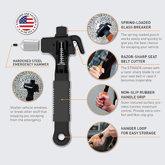 Stinger Super Duty Car Emergency Escape Tool, Hardened Carbon Steel Vehicle Safety Hammer, Spring Loaded Window Breaker, Razo
