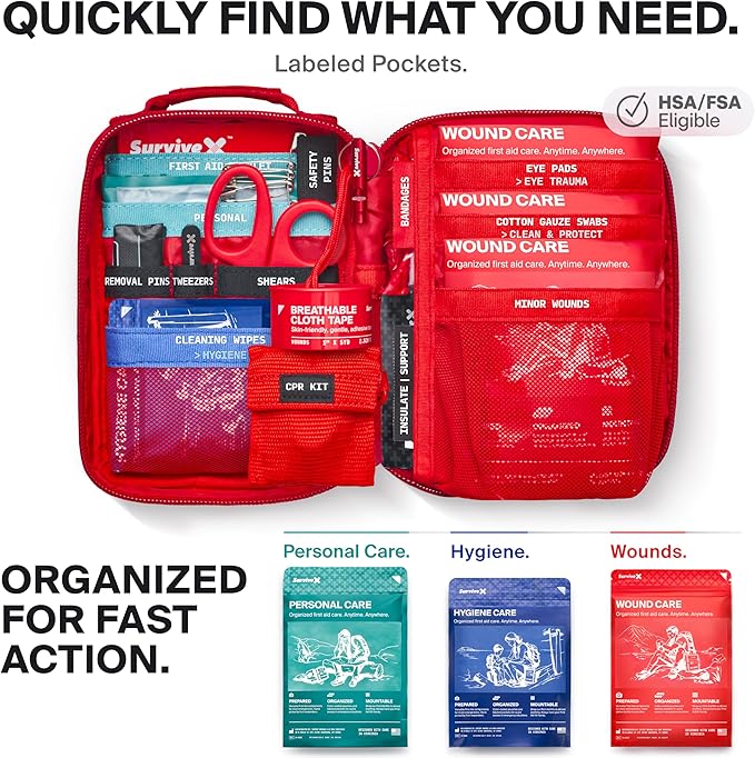 Small First Aid Kit for Car, Travel & Home - Emergency Kit for Hiking, Camping, Backpacking and Outdoors - Includes Zip Stitc