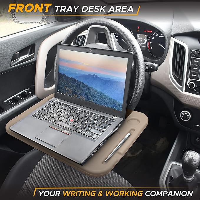 EcoNour 2 in 1 Car Steering Wheel Desk (Beige) | Steering Wheel Tray for Laptop, Eating, Drinks | Rectangular ABS Car Tray with Pen Holder & Cup Holder